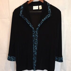 Alfred Dunner Black Blazer with Blue Leopard Print Trim | Size S